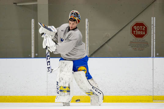 Goaltender Carl Lindbom of Sweden at a Practice session