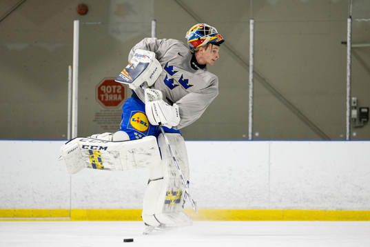 Goaltender Carl Lindbom of Sweden at a Practice session