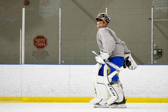 Goaltender Carl Lindbom of Sweden at a Practice session