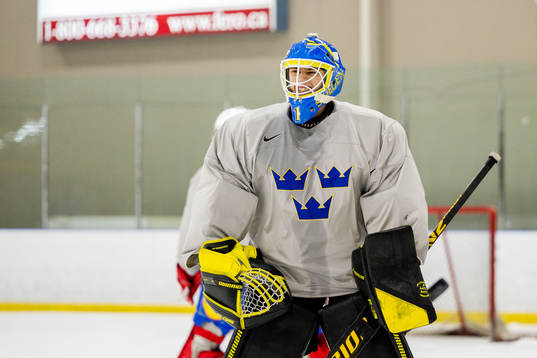 Goaltender Ian Blomquist of Sweden at a Practice session