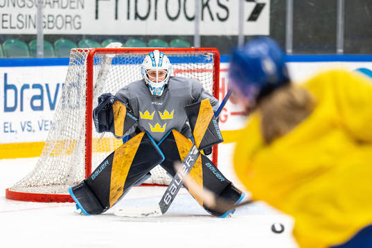 Goaltender Tindra Holm of Sweden at a training session