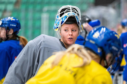 Goaltender Tindra Holm of Sweden at a training session