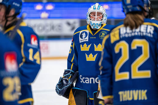 Goaltender Tindra Holm of Sweden looks dejected