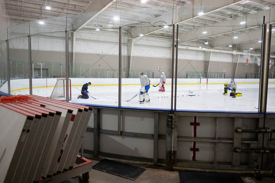 Goalie coach Mikael Gerdén of Sweden at a practice session