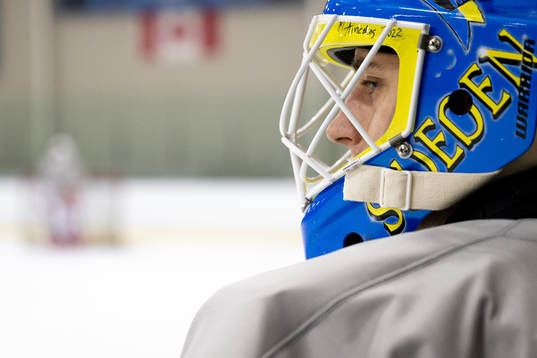 Goaltender Ian Blomquist of Sweden at a Practice session