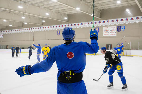 Players of Sweden celebrate at a practice session