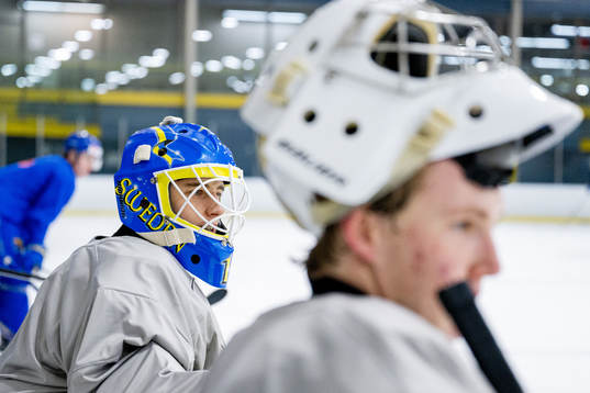 Goaltender Ian Blomquist of Sweden at a practice session