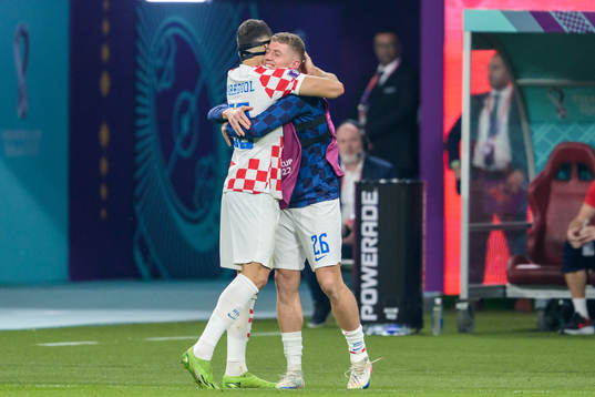 Josko Gvardiol and Kristijan Jakic of Croatia celebrate