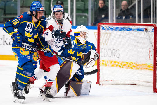 Jenny Antonsson and goaltender Emma Söderberg of Sweden