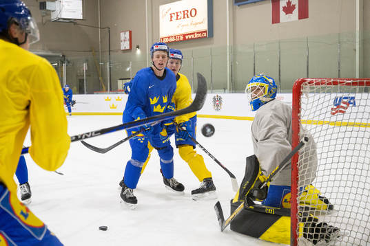 Ludvig Jansson and goaltender Ian Blomquist of Sweden