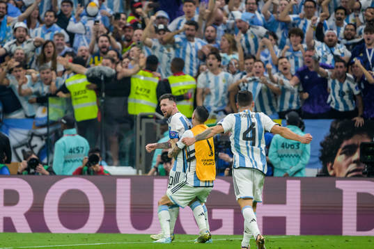 Lionel Messi, Angel de Maria and Gonzalo Montiel of