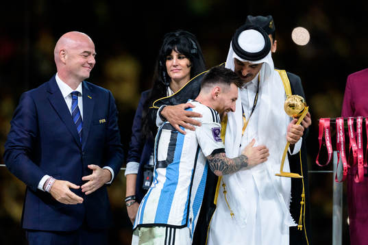 Lionel Messi of Argentina with Tamim bin Hamad Al Thani,