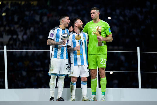 Enzo Fernandez, Lionel Messi and goalkeeper Emiliano