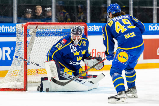 Goalkeeper Marcus Högberg and Victor Rask of Sweden