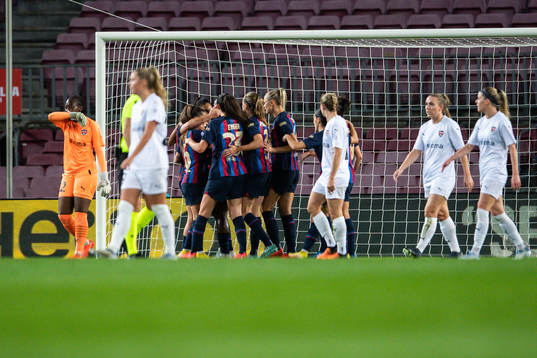 Asisat Oshoala of Barcelona celebrates with teammates