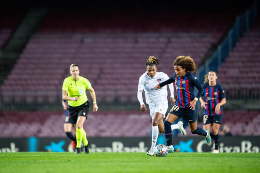 Halimatu Ibrahim Ayinde of FC Rosengård and Victoria Lopez