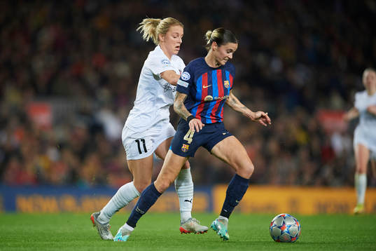 Mimmi Larsson of FC Rosengård and Mapi Leon of FC Barcelona