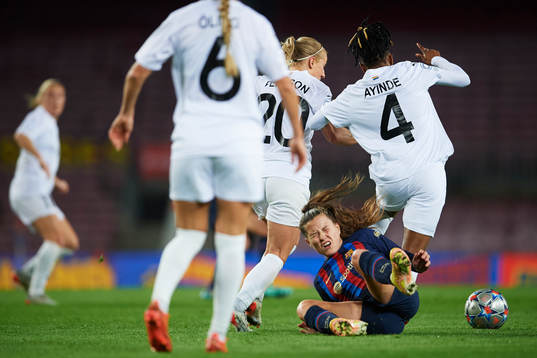 Claudia Pina of FC Barcelona and Mia Persson and Halimatu