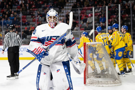 Goaltender Kaidan Mbereko of USA looks dejected
