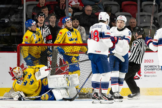 Dylan Duke of USA celebrates the 1-5 goal behind goaltender