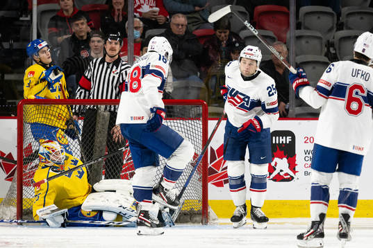 Dylan Duke of USA celebrates the 1-5 goal behind goaltender