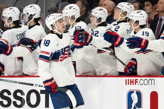 Jimmy Snuggerud of USA celebrates the 1-5 goal