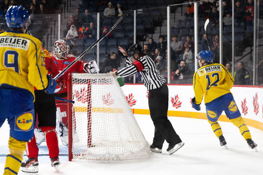 Disallowed goal by Isak Rosén of Sweden behind goaltender