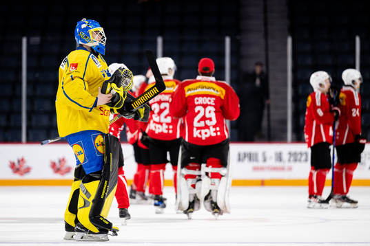 Goaltender Ian Blomquist of Sweden looks dejected