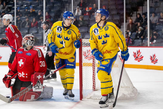Liam Öhgren and Fabian Lysell of Sweden celebrate the 3-3