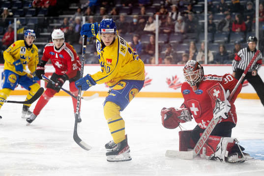 Fabian Wagner of Sweden and goaltender Kevin Pasche of