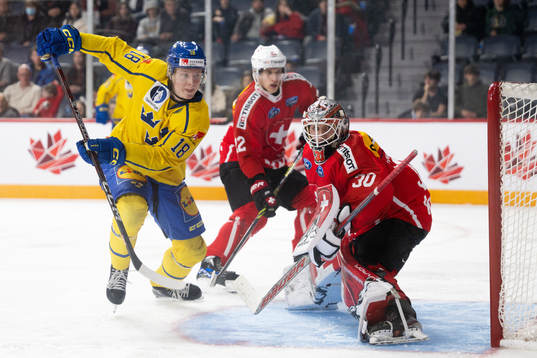 Filip Bystedt of Sweden and goaltender Kevin Pasche of
