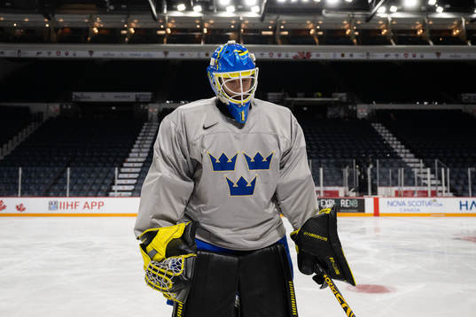 Goaltender Ian Blomquist of Sweden at a practice session