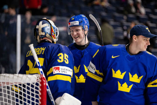 Goaltender Carl Lindbom and Filip Bystedt of Sweden