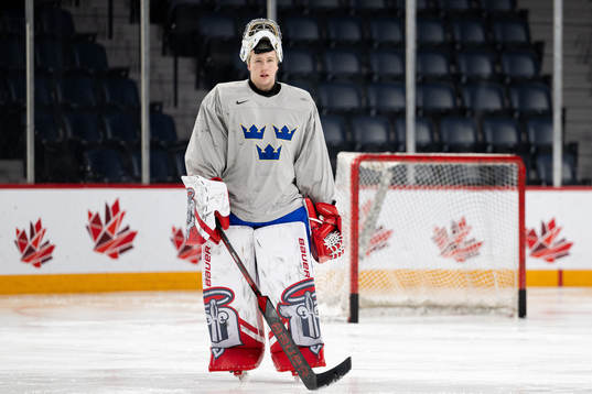 Goaltender Marcus Brännman of Sweden at a practice session