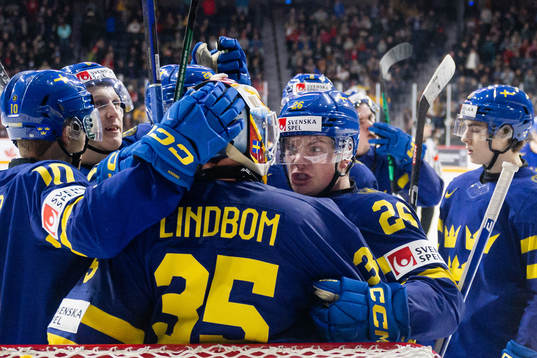 Goaltender Carl Lindbom and Victor Stjernborg of Sweden