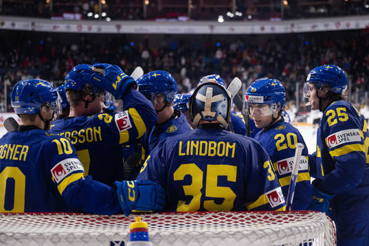 Goaltender Carl Lindbom and Liam Öhgren of Sweden celebrate