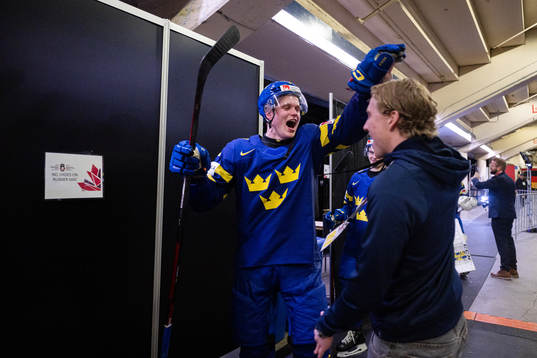 Elias Pettersson and goaltender Marcus Brännman of Sweden