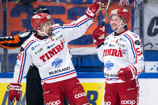 Timrås Anton Lander och Jonathan Dahlén jublar