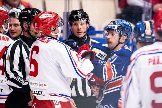 Timrås Joonas Lyytinen i diskussion med Växjös Brian