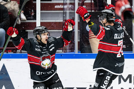 Malmö Redhawks Johan Olofsson jublar med Adam Ollas