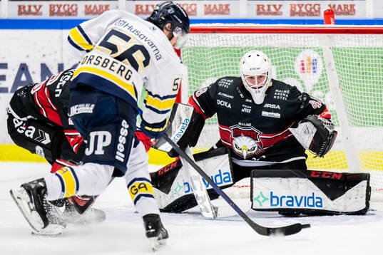 Malmö Redhawks målvakt Oskar Blomgren mot HV71s Fredrik