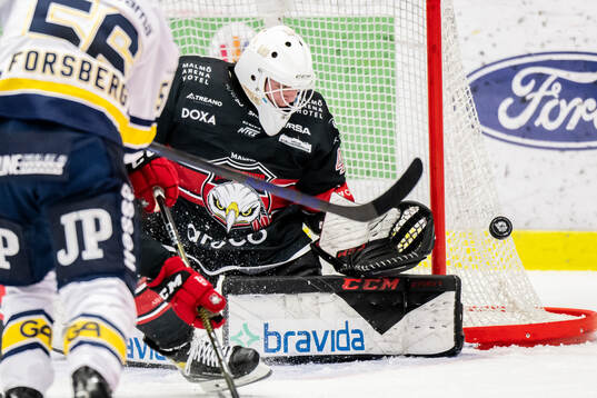 Malmö Redhawks målvakt Oskar Blomgren räddar mot HV71s