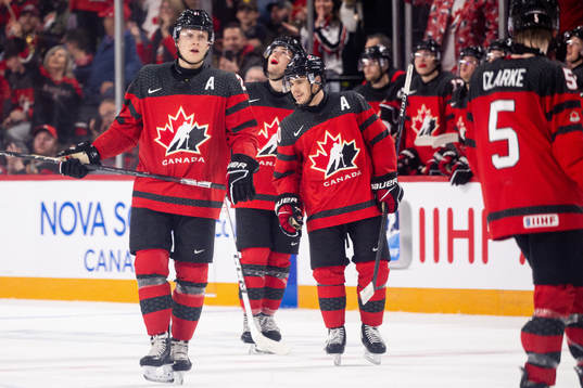 Joshua Roy , Nathan Gaucher and Logan Stankoven of Canada