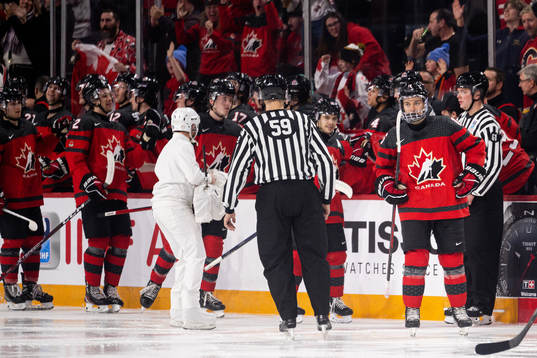 Connor Bedard of Canada celebrates the 4-1 goal