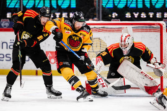 Brynäs David Sklenicka och målvakt Oliver Håkansson mot
