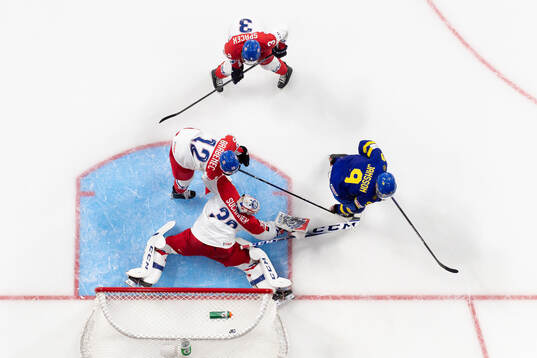 Ludvig Jansson of Sweden scores the 3-2 goal behind
