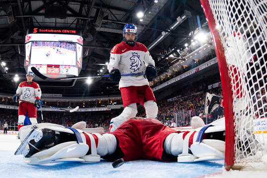David Spacek and goaltender Tomas Suchanek of Czech