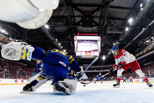 Jaroslav Chmelar of Czech Republic against goaltender Carl