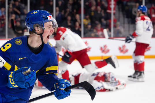 Ludvig Jansson of Sweden celebrates the 3-2 goal