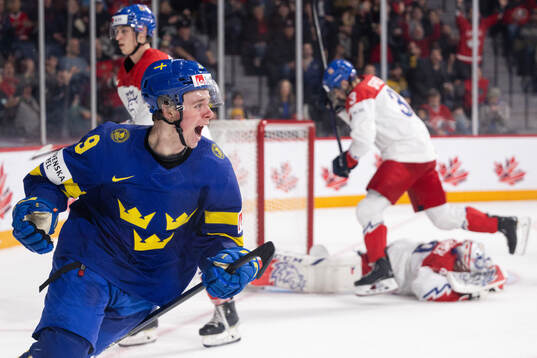 Ludvig Jansson of Sweden celebrates the 3-2 goal